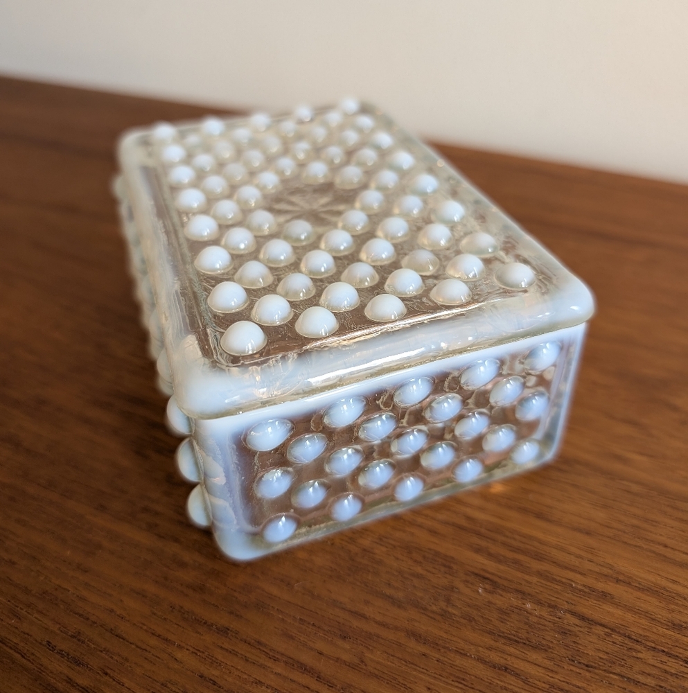Vintage Fenton Opalescent Glass Trinket Box with Raised Dots Moonglow